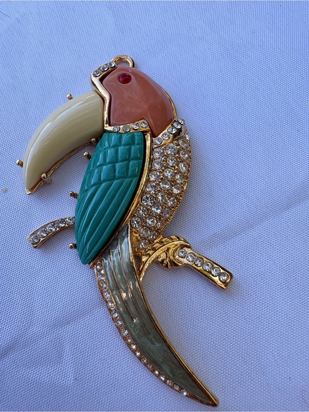 Gold Parrot Brooch Pin with Green Wing and Cream Beak
